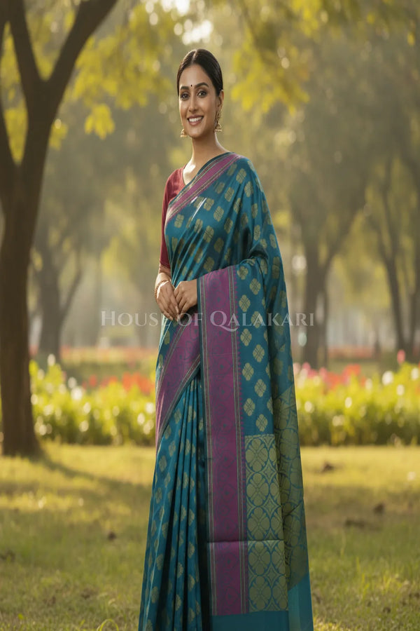 Peacock Blue Banarasi Cotton Patola Saree with Floral geometric woven butis