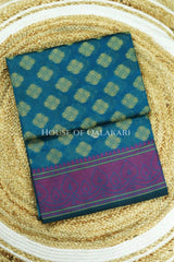 Peacock Blue Banarasi Cotton Patola Saree with Floral geometric woven butis