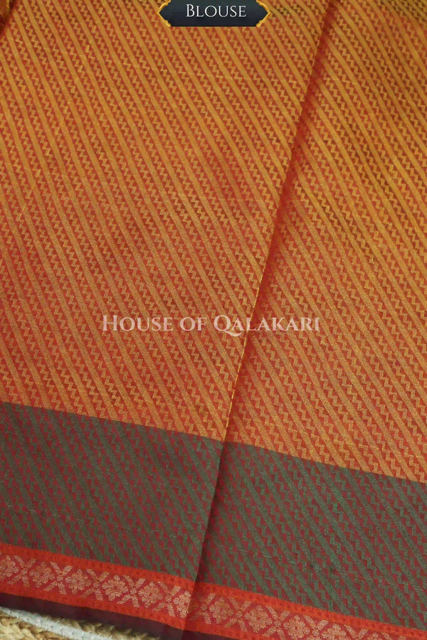 Rust Red Banarasi Cotton Patola Saree with Tribal triangle weave motifs