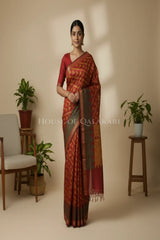 Rust Red Banarasi Cotton Patola Saree with Tribal triangle weave motifs