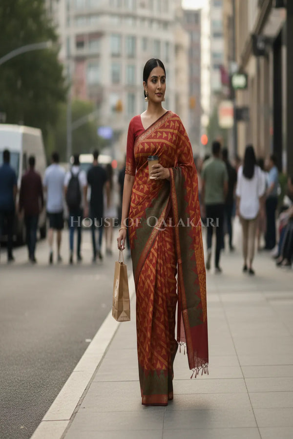 Rust Red Banarasi Cotton Patola Saree with Tribal triangle weave motifs