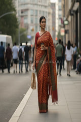 Rust Red Banarasi Cotton Patola Saree with Tribal triangle weave motifs