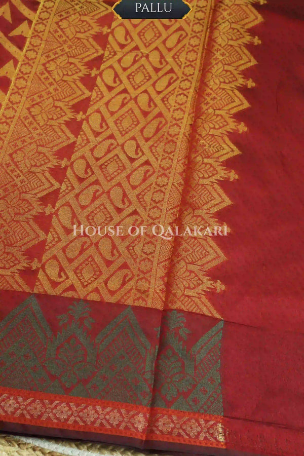 Rust Red Banarasi Cotton Patola Saree with Tribal triangle weave motifs