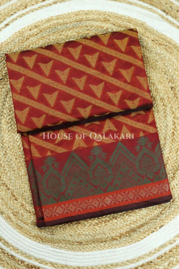 Rust Red Banarasi Cotton Patola Saree with Tribal triangle weave motifs
