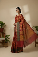 Rust Red Banarasi Cotton Patola Saree with Tribal triangle weave motifs