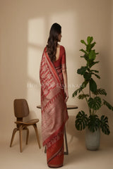 Brick Red Banarasi Cotton Patola Saree with Ikat-inspired tribal geometric motifs