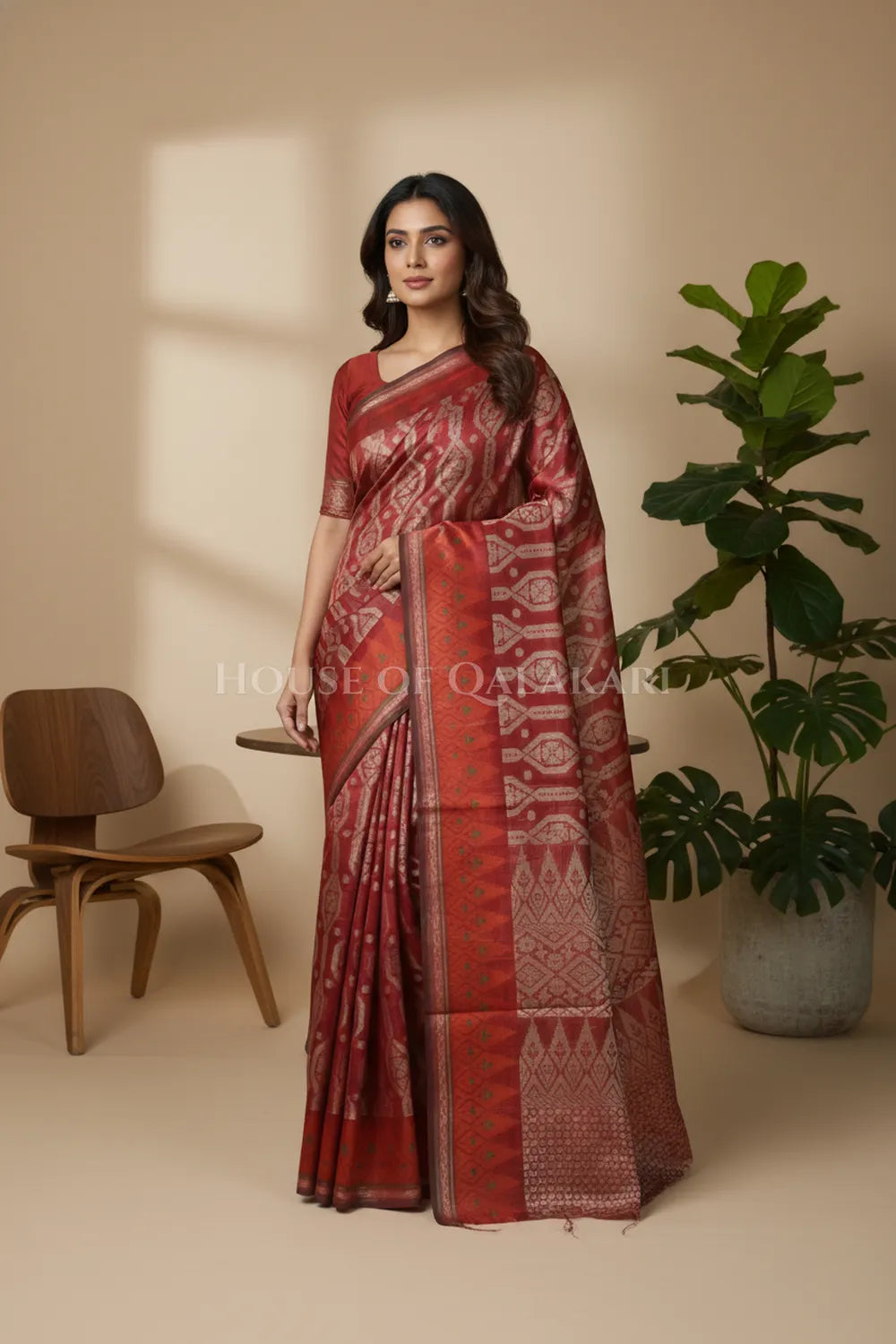 Brick Red Banarasi Cotton Patola Saree with Ikat-inspired tribal geometric motifs