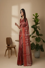 Brick Red Banarasi Cotton Patola Saree with Ikat-inspired tribal geometric motifs