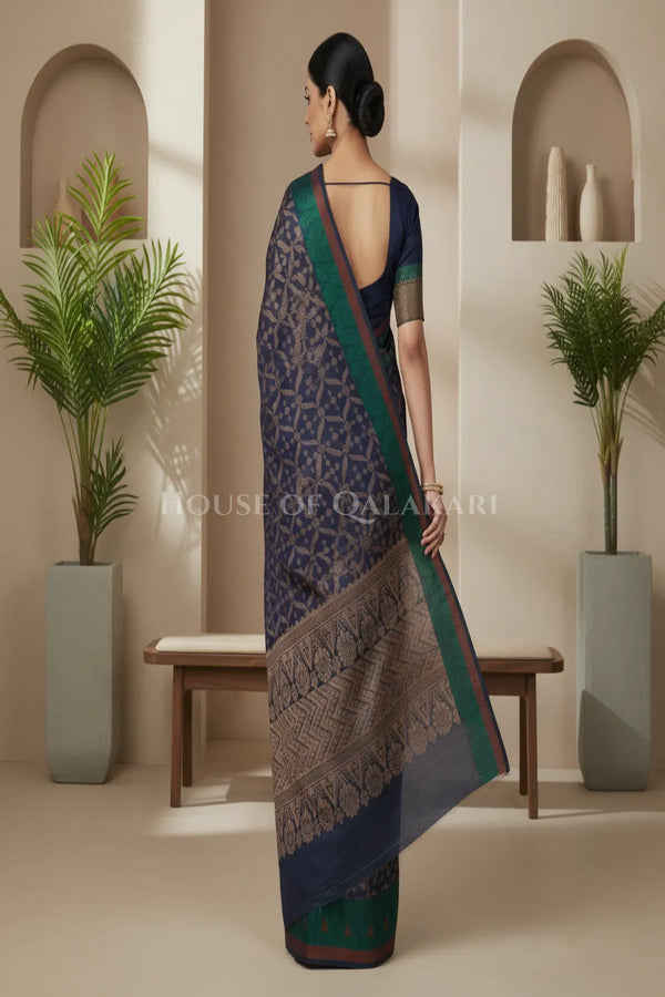 Navy Blue Banarasi Cotton Patola Saree with Tribal geometric jaal weave