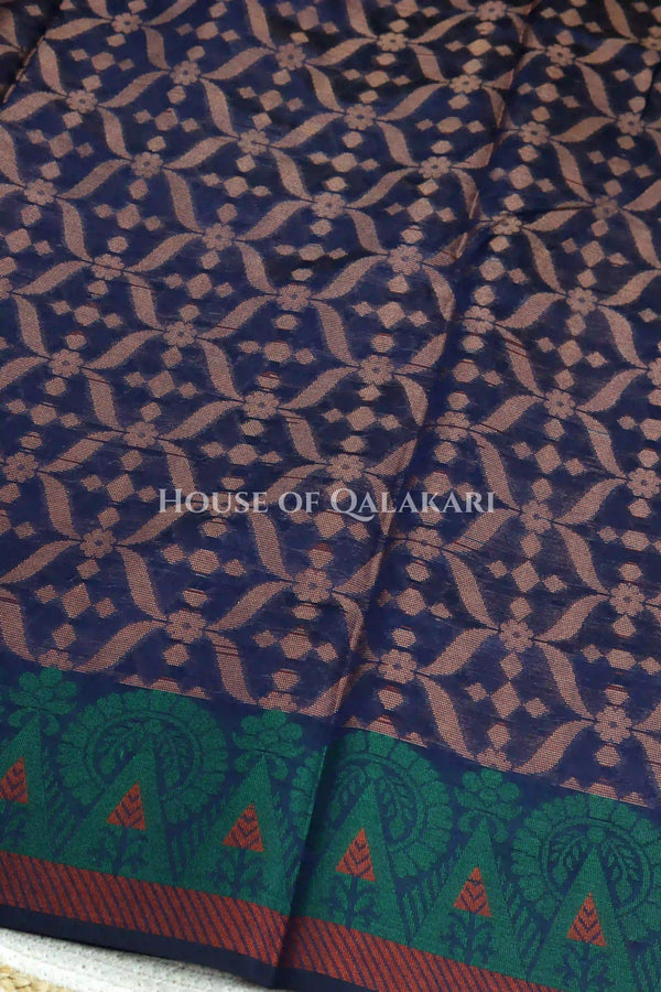 Navy Blue Banarasi Cotton Patola Saree with Tribal geometric jaal weave