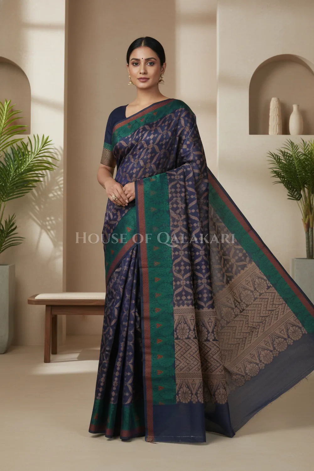 Navy Blue Banarasi Cotton Patola Saree with Tribal geometric jaal weave
