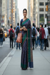 Navy Blue Banarasi Cotton Patola Saree with Tribal geometric jaal weave