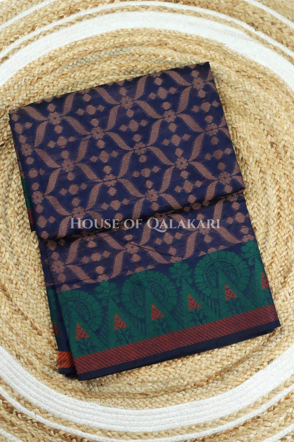 Navy Blue Banarasi Cotton Patola Saree with Tribal geometric jaal weave