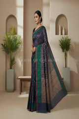 Navy Blue Banarasi Cotton Patola Saree with Tribal geometric jaal weave