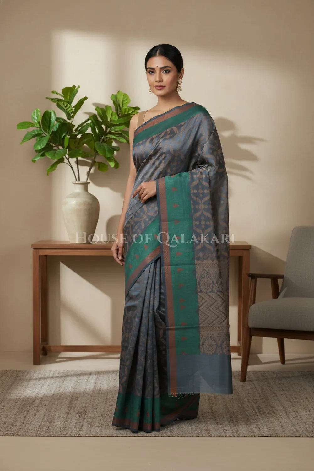 Grey Banarasi Cotton Patola Saree with Tribal geometric jaal weave