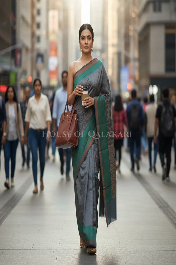 Grey Banarasi Cotton Patola Saree with Tribal geometric jaal weave