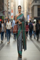 Grey Banarasi Cotton Patola Saree with Tribal geometric jaal weave