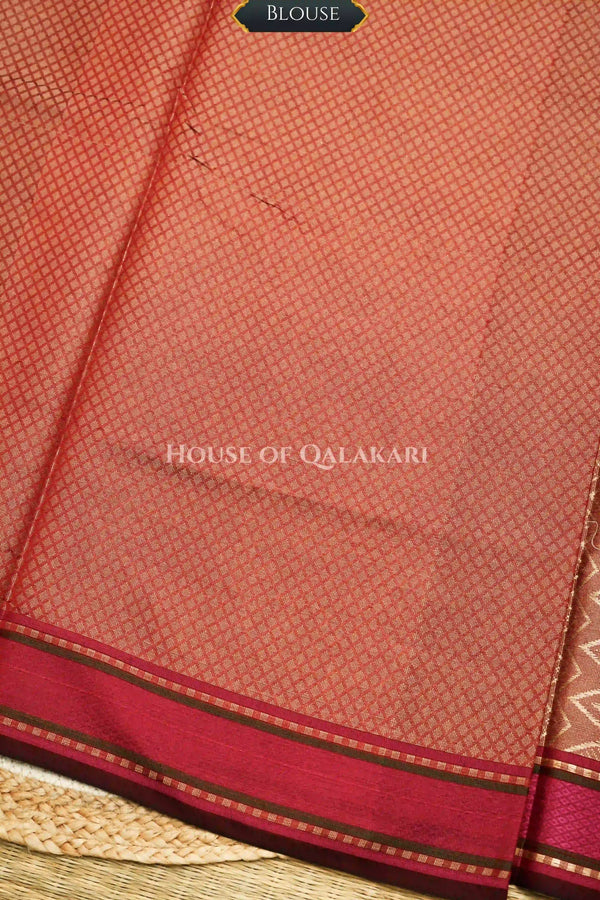 Red Banarasi Mulmul cotton patola Saree with All-over Floral Jaal & contrast Rani Pink Border