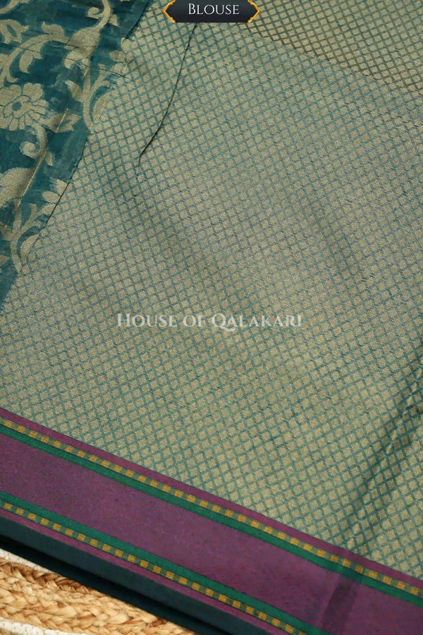 Blue-Green Banarasi Mulmul cotton patola Saree with All-over Floral Jaal & contrast Antique Gold-Pink Border