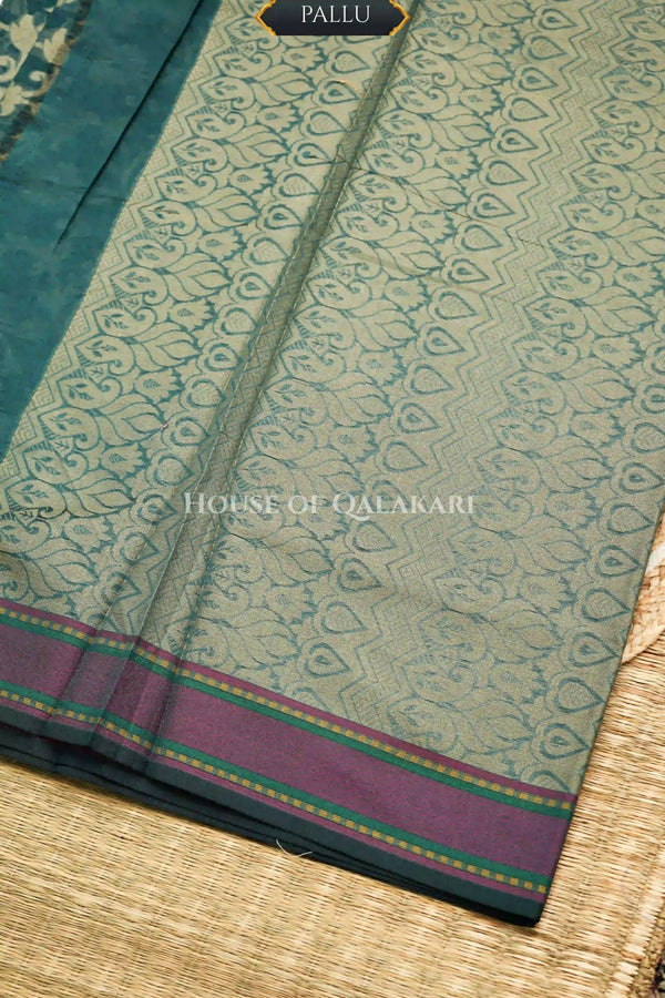 Blue-Green Banarasi Mulmul cotton patola Saree with All-over Floral Jaal & contrast Antique Gold-Pink Border