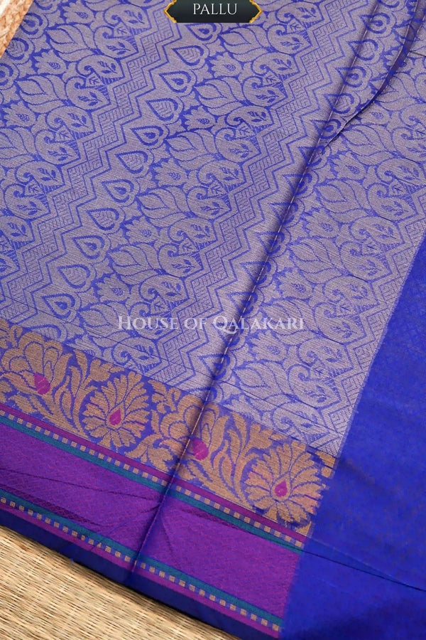 Blue Banarasi Mulmul cotton patola Saree with All-over Floral Jaal & contrast Antique Gold-Rani Pink Border