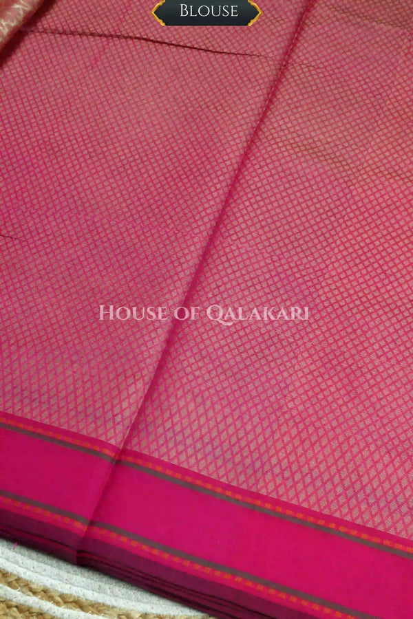 Pink Banarasi Mulmul cotton patola Saree with All-over Floral Jaal & contrast Antique Soft Gold Border