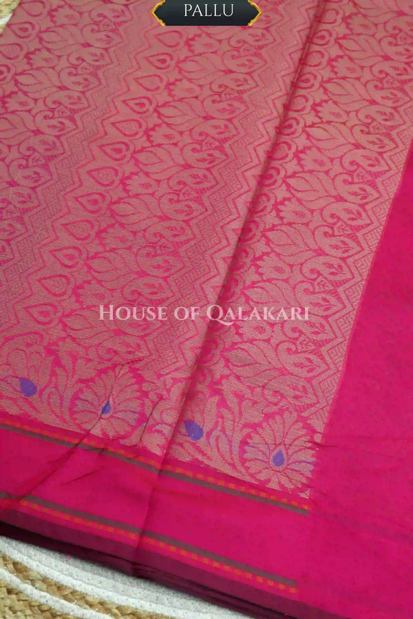Pink Banarasi Mulmul cotton patola Saree with All-over Floral Jaal & contrast Antique Soft Gold Border