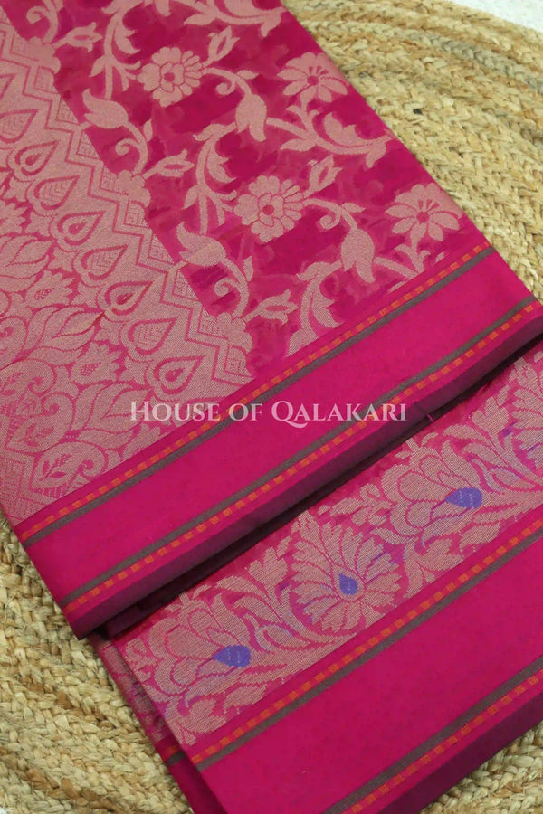 Pink Banarasi Mulmul cotton patola Saree with All-over Floral Jaal & contrast Antique Soft Gold Border