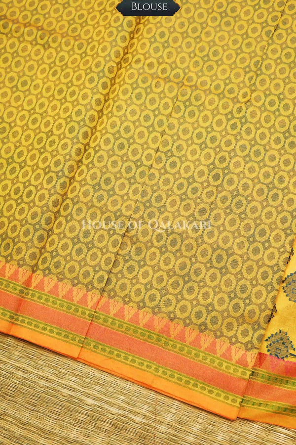 Mustard Yellow Banarasi Mulmul cotton patola Saree with Nakshi Phool Booti & contrast light pink Border