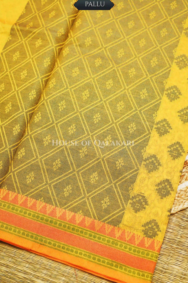 Mustard Yellow Banarasi Mulmul cotton patola Saree with Nakshi Phool Booti & contrast light pink Border