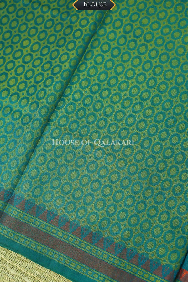 Blue-Green Banarasi Mulmul cotton patola Saree with Nakshi Phool Booti & contrast copper Border