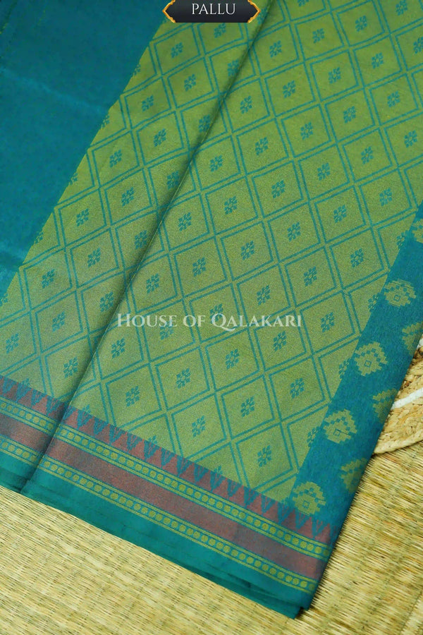 Blue-Green Banarasi Mulmul cotton patola Saree with Nakshi Phool Booti & contrast copper Border