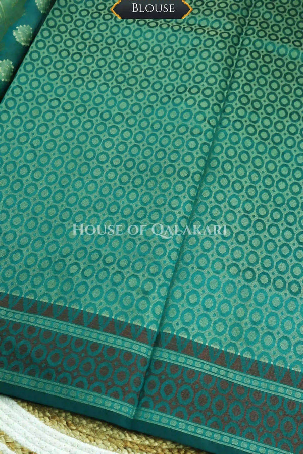 Green Blue Banarasi Mulmul cotton patola Saree with Nakshi Phool Booti & contrast copper Border