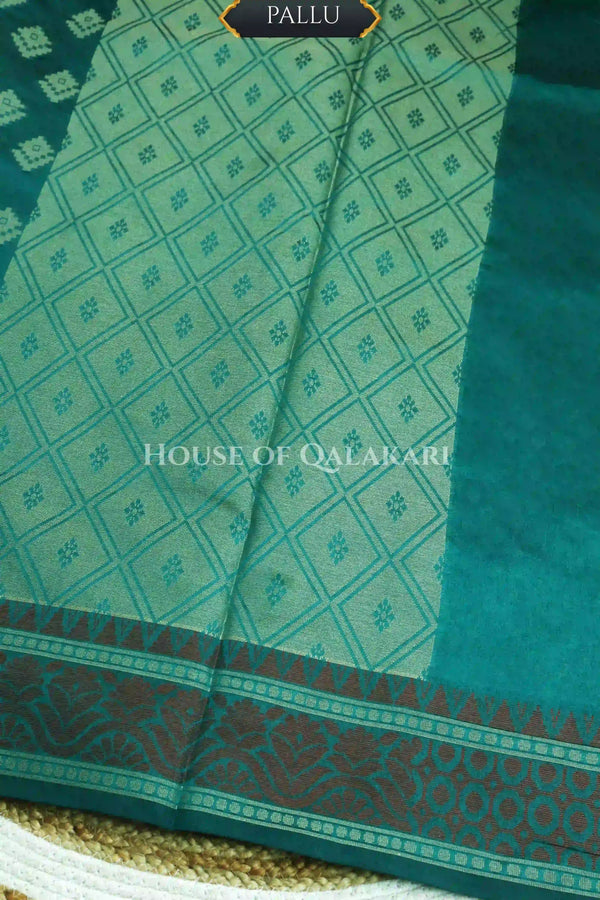 Green Blue Banarasi Mulmul cotton patola Saree with Nakshi Phool Booti & contrast copper Border