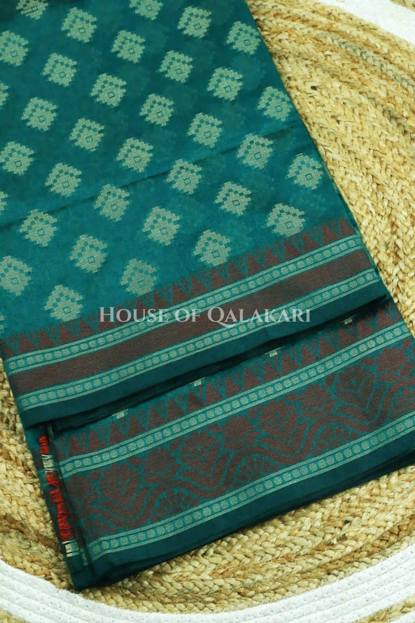 Green Blue Banarasi Mulmul cotton patola Saree with Nakshi Phool Booti & contrast copper Border