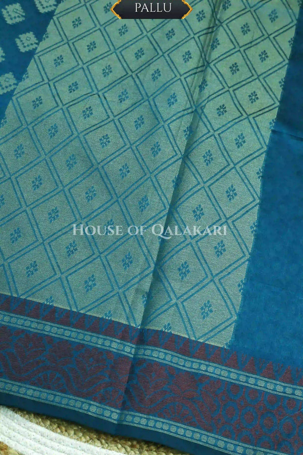 Teal Blue Banarasi Mulmul cotton patola Saree with Nakshi Phool Booti & contrast copper Border