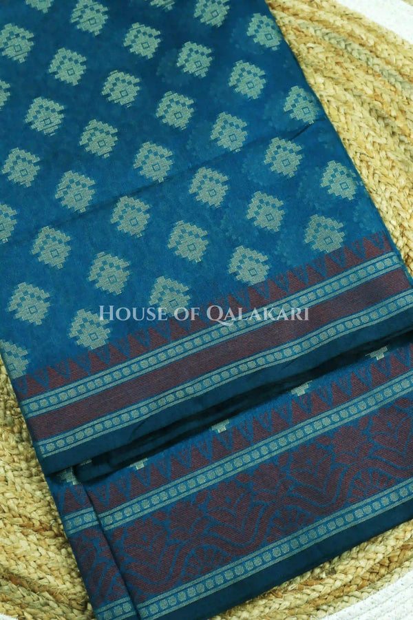 Teal Blue Banarasi Mulmul cotton patola Saree with Nakshi Phool Booti & contrast copper Border