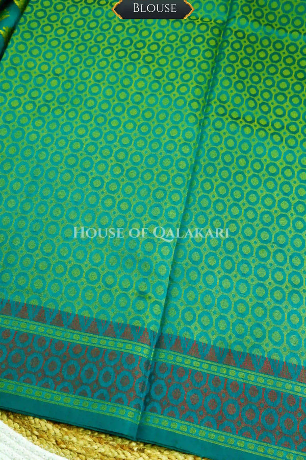Green Blue Banarasi Mulmul cotton patola Saree with antique silver Nakshi Phool Booti & contrast copper Border
