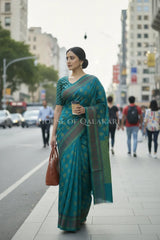 Green Blue Banarasi Mulmul cotton patola Saree with antique silver Nakshi Phool Booti & contrast copper Border