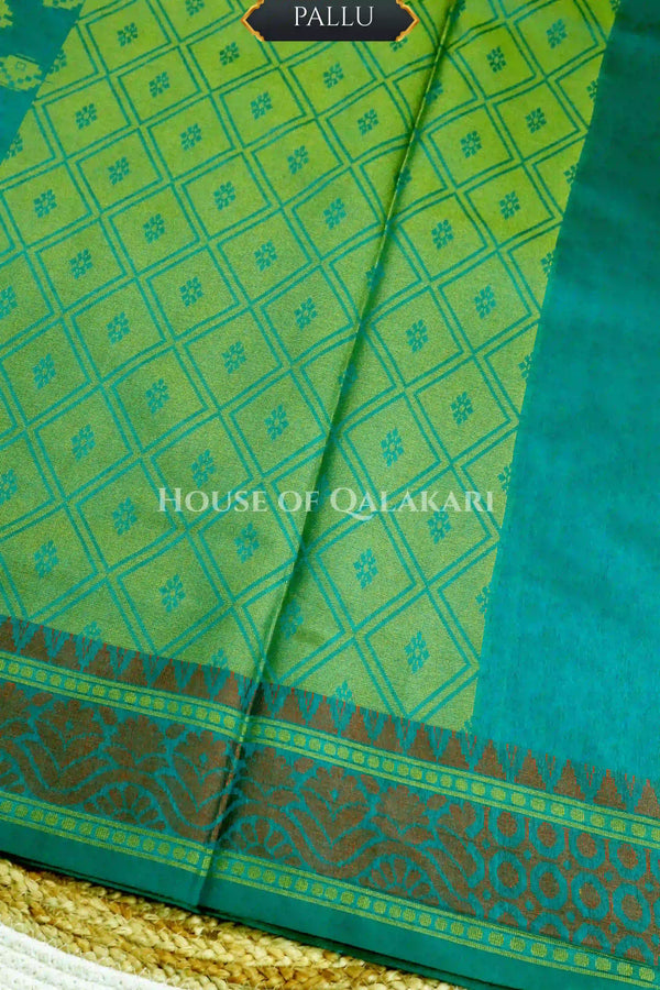 Green Blue Banarasi Mulmul cotton patola Saree with antique silver Nakshi Phool Booti & contrast copper Border