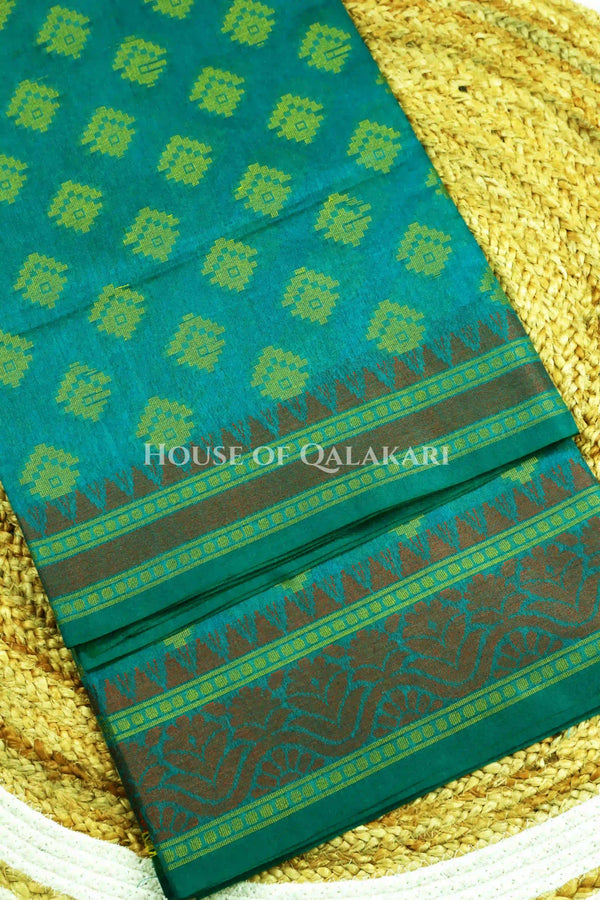 Green Blue Banarasi Mulmul cotton patola Saree with antique silver Nakshi Phool Booti & contrast copper Border