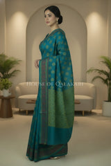 Green Blue Banarasi Mulmul cotton patola Saree with antique silver Nakshi Phool Booti & contrast copper Border