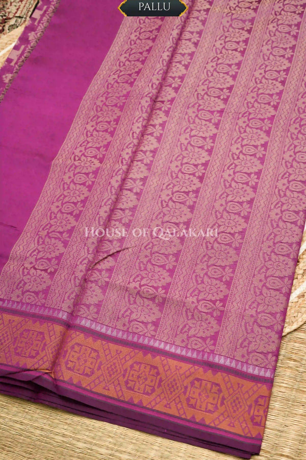 Deep Rose Pink Banarasi Mulmul cotton patola Saree with Stepped Chaukadi Buti Jaal & contrast antique gold Border