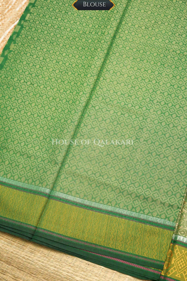 Light Green Banarasi Mulmul cotton patola Saree with Stepped Chaukadi Buti Jaal & contrast antique gold Border