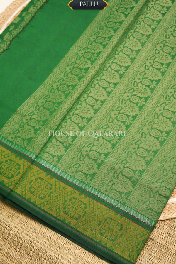 Light Green Banarasi Mulmul cotton patola Saree with Stepped Chaukadi Buti Jaal & contrast antique gold Border
