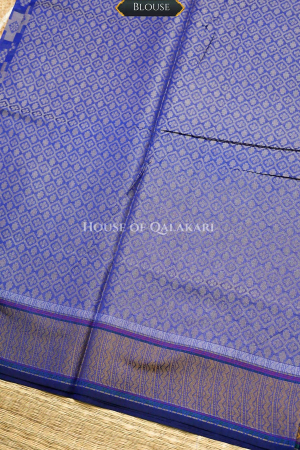 Blue Banarasi Mulmul cotton patola Saree with Stepped Chaukadi Buti Jaal & contrast antique gold Border