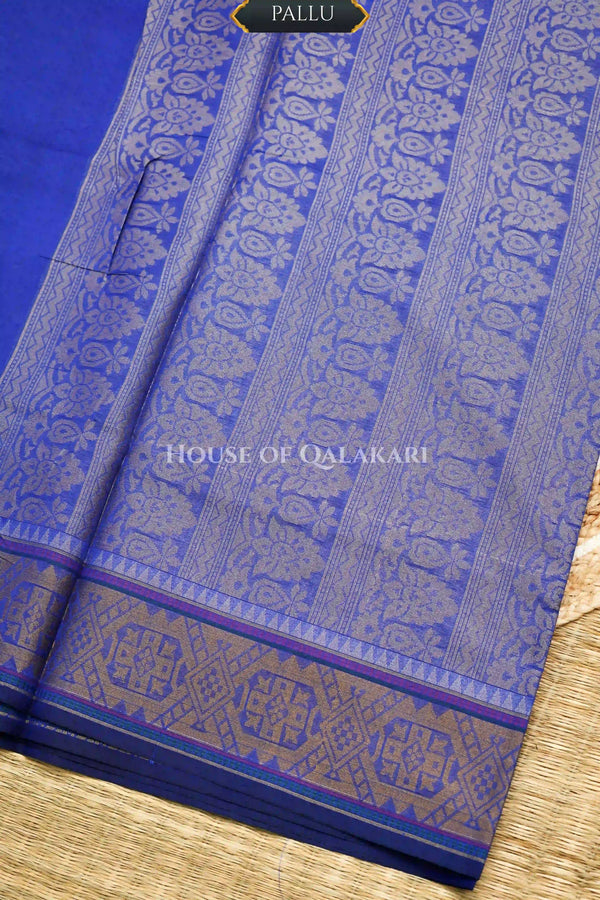 Blue Banarasi Mulmul cotton patola Saree with Stepped Chaukadi Buti Jaal & contrast antique gold Border