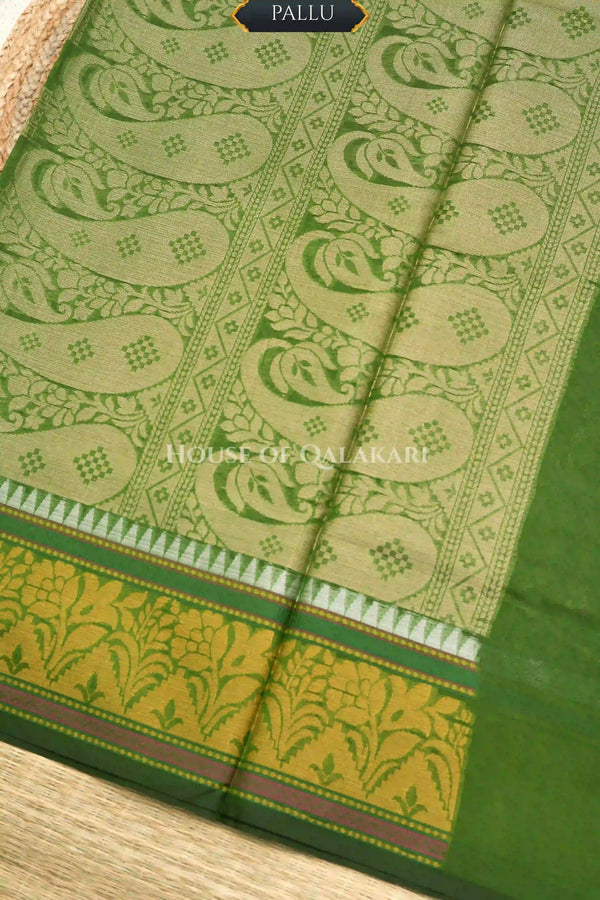 Mehndi Green Banarasi Mulmul cotton patola Saree with Chevron Check Floral Buti & contrast Yellow Gold Border