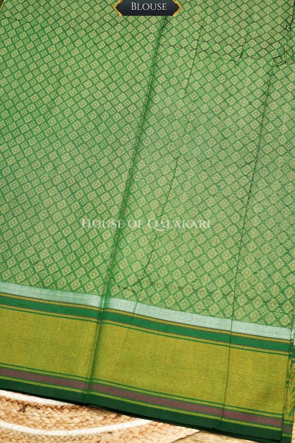 Green Banarasi Mulmul cotton patola Saree with Chevron Check Floral Buti & contrast Yellow Gold Border