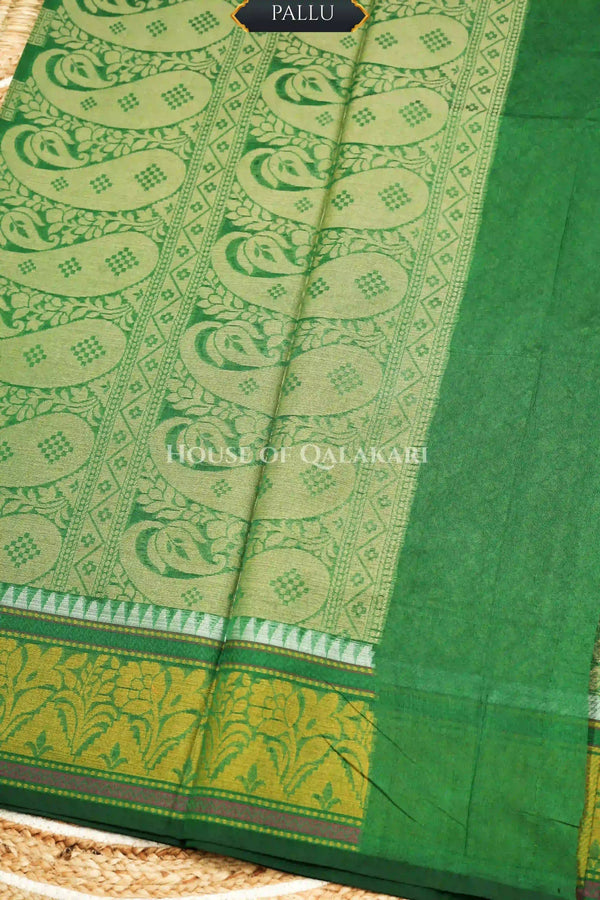 Green Banarasi Mulmul cotton patola Saree with Chevron Check Floral Buti & contrast Yellow Gold Border